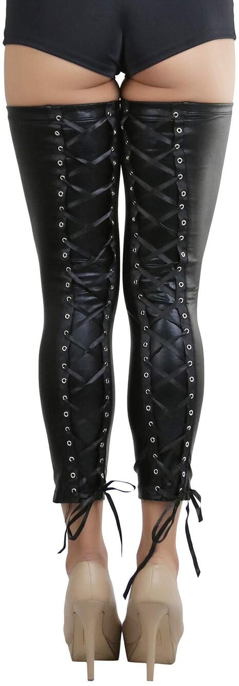4312 Lace Up Wet Look Thigh Hi - Black - One Size